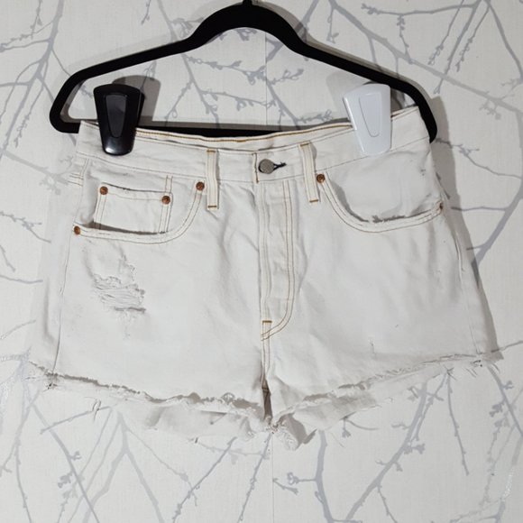 Levi's White Distressed Ripped High Rise 501 Shorts - Picture 2 of 6